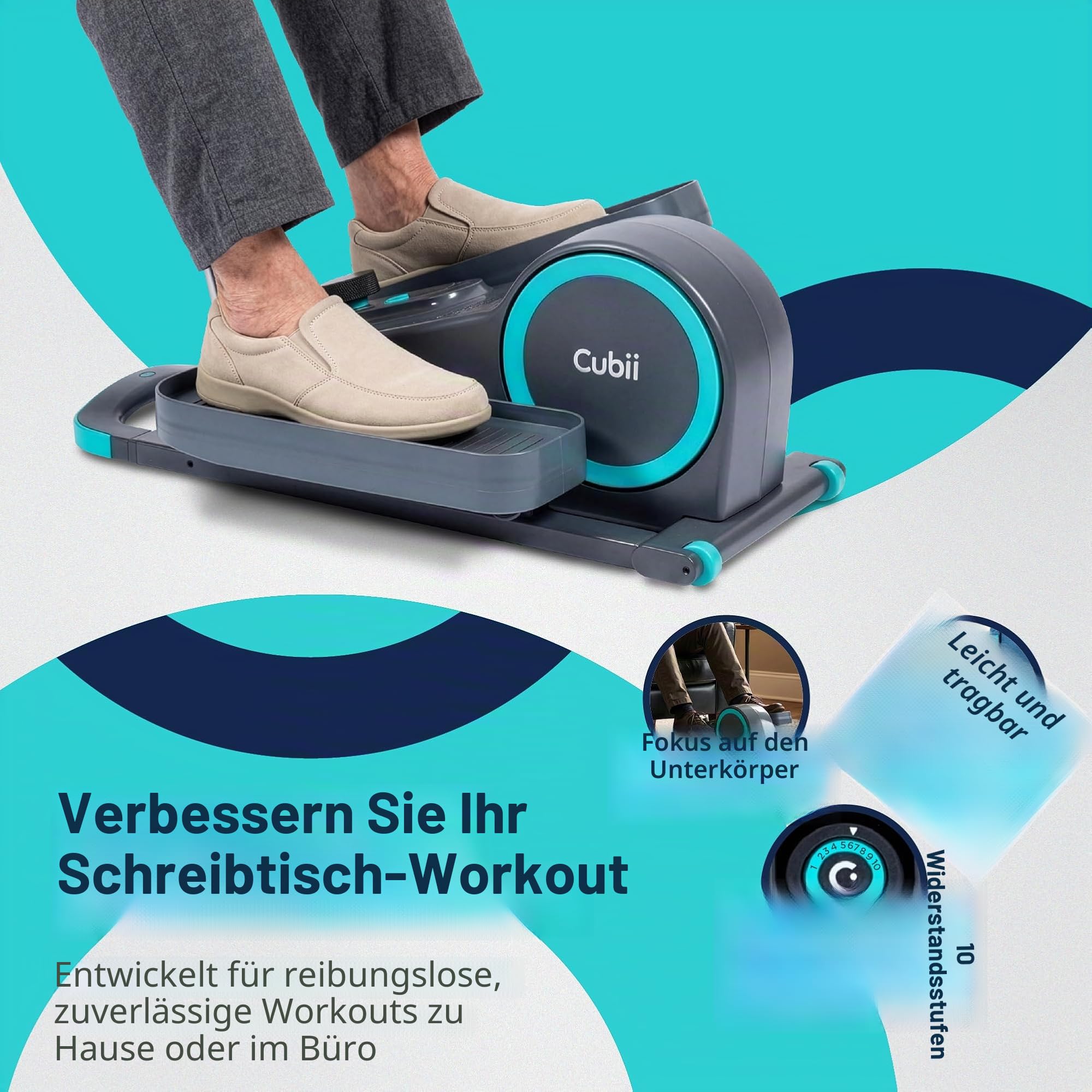 Cubii GO, Ellipsentrainer unter dem Schreibtisch, Fahrradpedaltrainer, mit beleuchtetem LCD-Fitness-Tracker-Bildschirm, einstellbarem Widerstand, Arbeit von zu Hause aus Fitness, integrierten Rädern