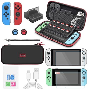 Switch Accessories Bundle for Nintendo Switch/ Switch OLED Model, Upgraded Switch Protection Kits with Carrying Case, Joy-Con Covers, Screen Protector, Thumb Grip Caps, Game Card Cases & USB Cable