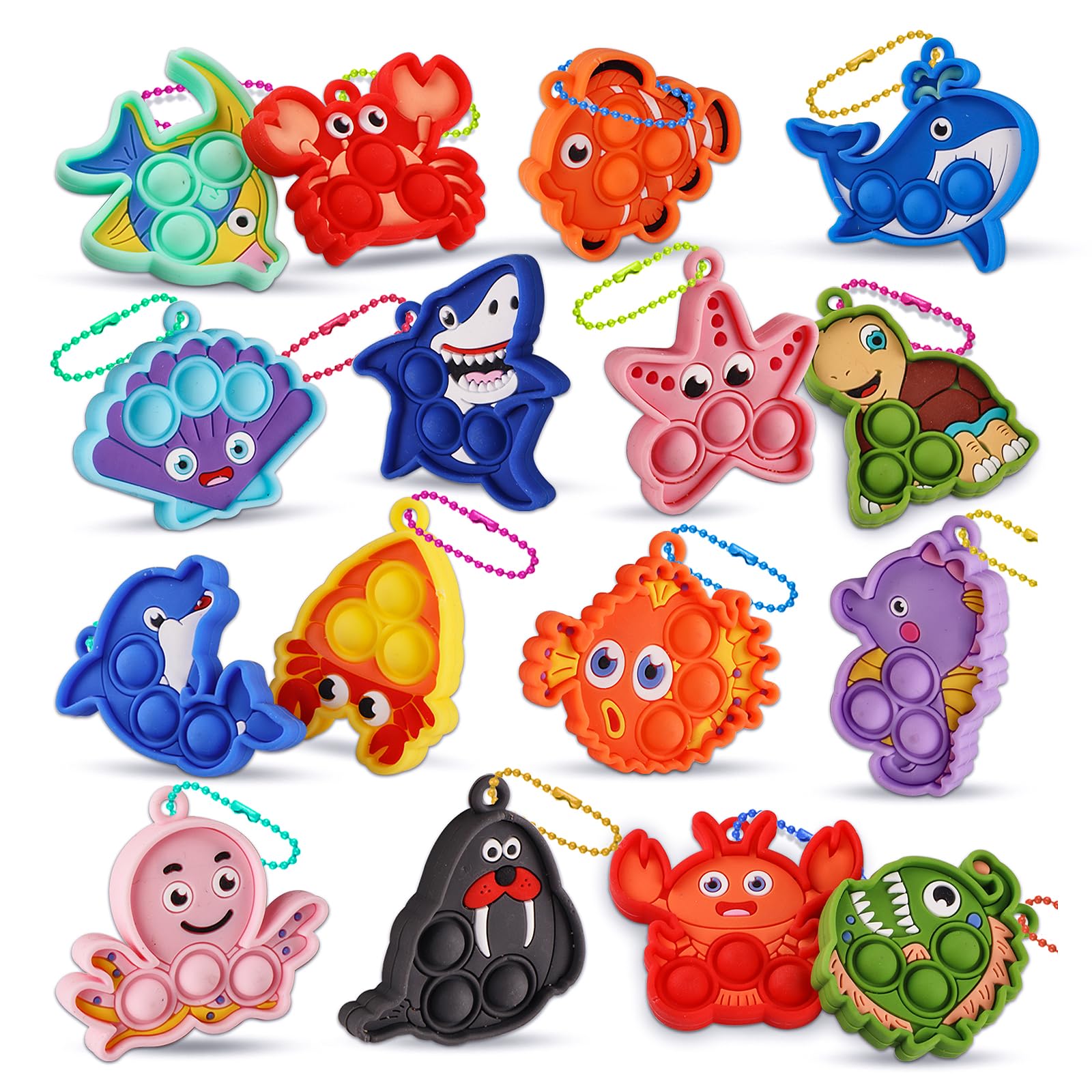 Party Favors for Kids 16PCS Sea Animal Sensory Toys, Mini Pop Fidget Toys Keychain for Kids, Goodie Bag Stuffers, Carnival Birthday Gifts, Classroom Prizes