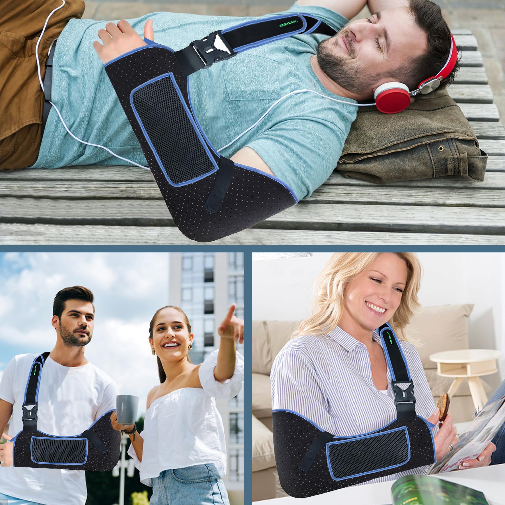 KONSEDIK Soporte de hombro para brazo, transpirable, acolchado con bolsillo y bucle para el pulgar, se adapta al brazo izquierdo y derecho, para puños rotadores, codo, muñeca y lesiones de clavícula
