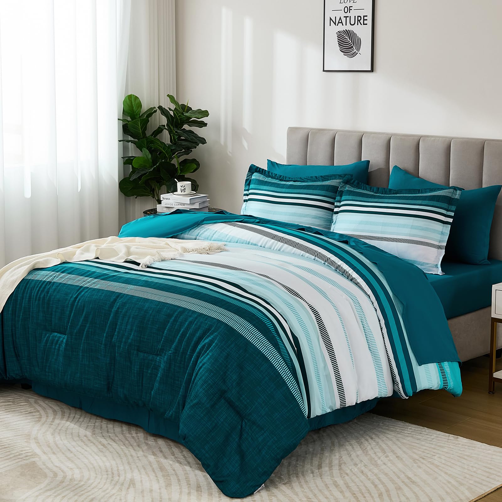 Dobuyly Bettwäsche-Set für Queen-Size-Betten, 7-teilig, blaugrün, gestreift, Boho, gestreift, Queen-Size-Größe, weiche Mikrofaser, Ganzjahres-Bettwäsche-Set mit Bettdecke, Laken, Kissenbezügen und