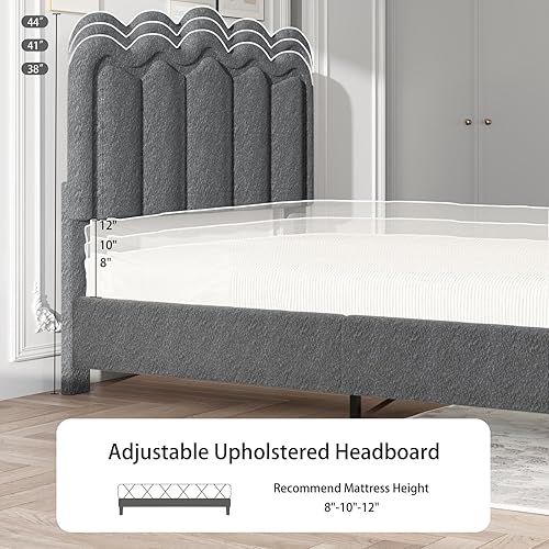 Miniatura 6 de LIDYUK - Marco de cama Queen con cabecero ajustable, marco de cama tapizado en bouclé tamaño Queen, marco de cama de plataforma con soporte de