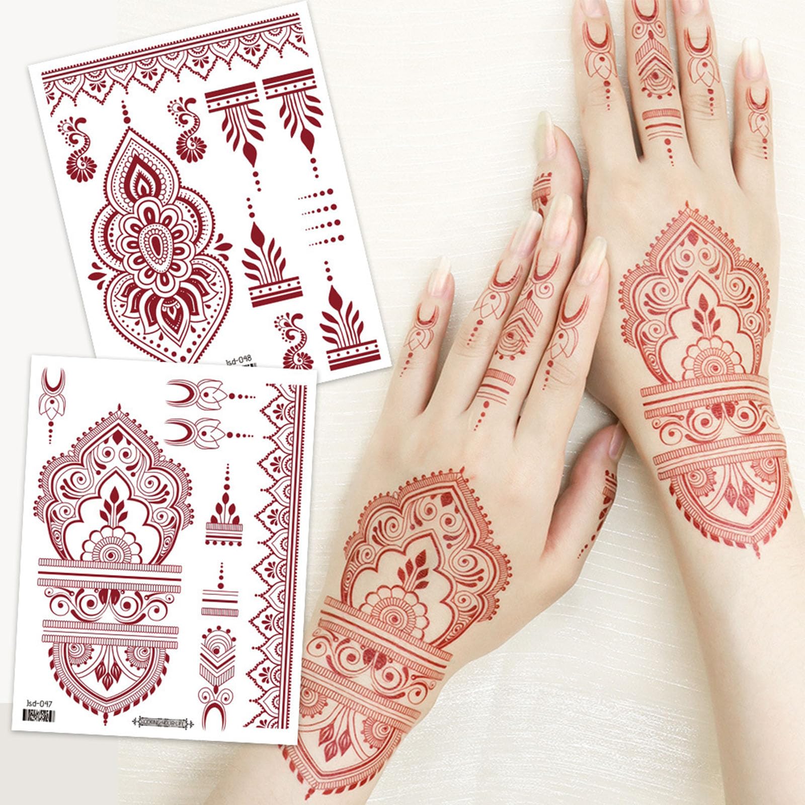 Brick Red Floral Mandala Temporary Tattoo Stickers Set, 12PCS Waterproof Transferable Art for Women Ideal for Arms Neck - Image 3
