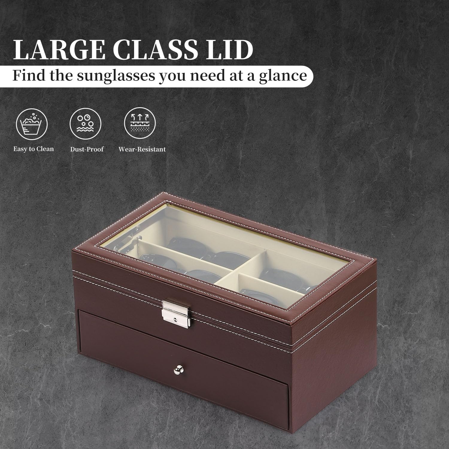 AUTOARK Organizador de 12 piezas para gafas de sol y Cajón con cerradura,Cuero sintético,Tapa de Vidrio,Marrón,AW-129