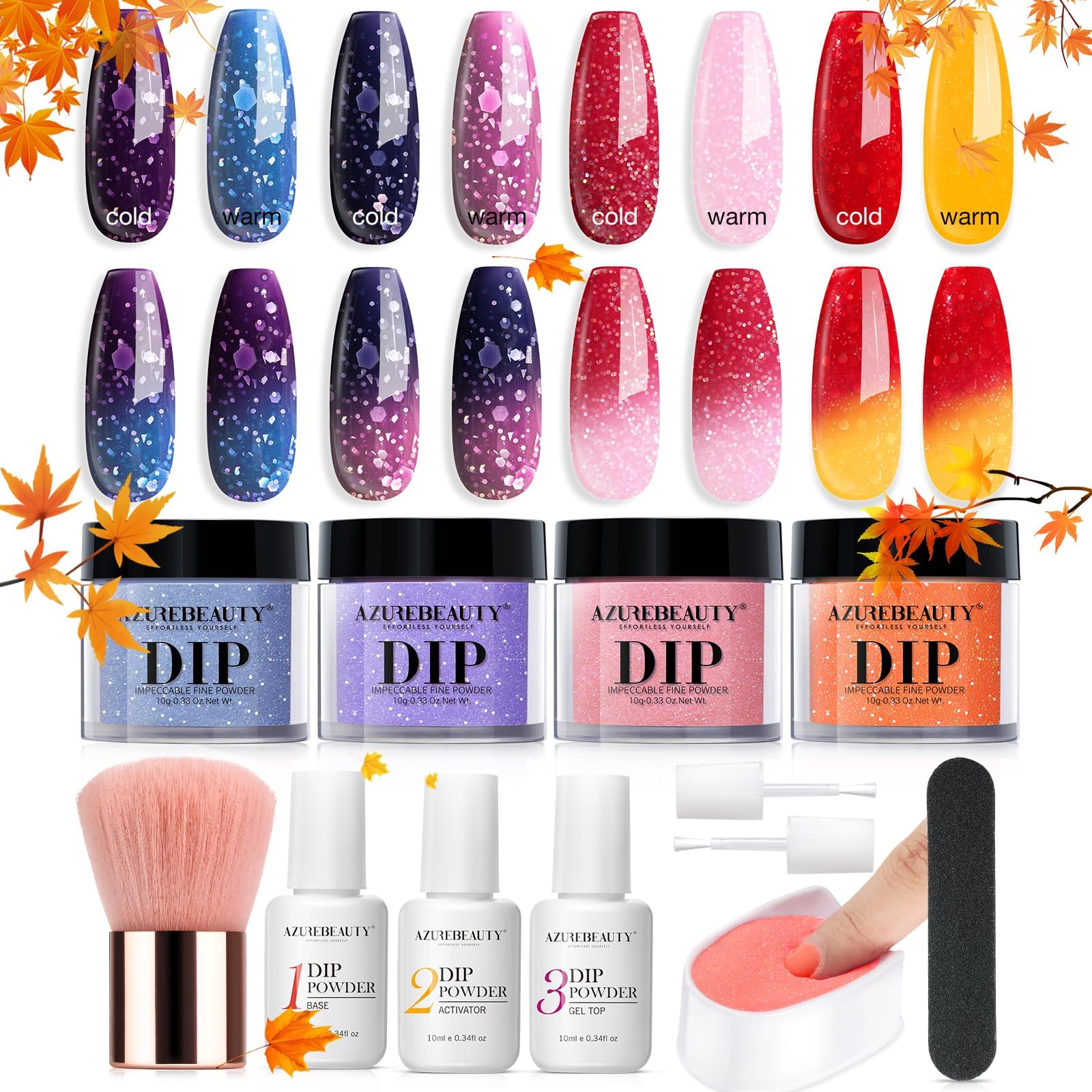 AzureBeauty Temperature 4 Color Changing Dip Powder Starter Kit | Fall Winter Glitter Pink Blue Orange Shades, Complete Liquid Set with Base, Top Coat & Activator, DIY Home Manicure Gift