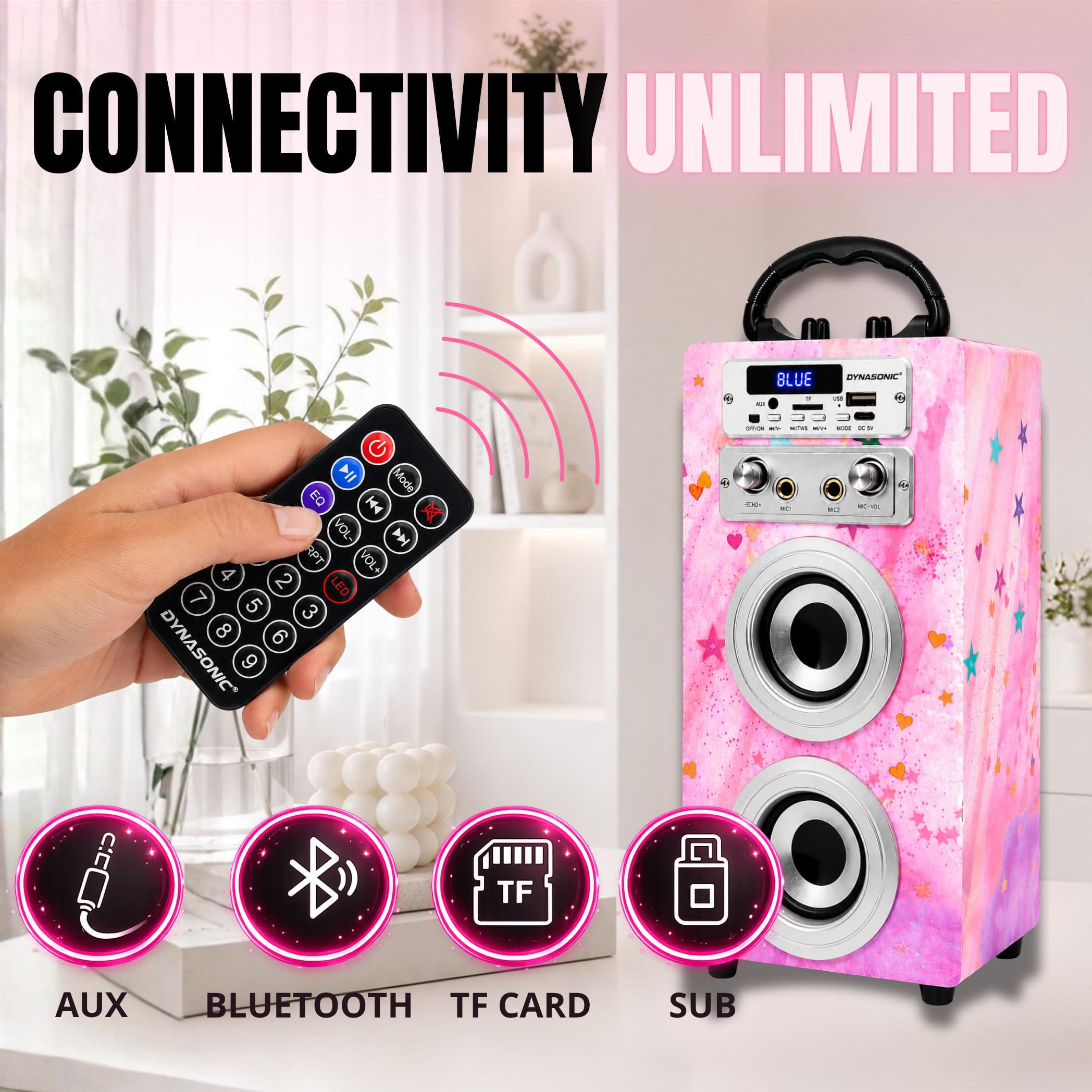 Dynasonic Machine Karaoké Portable Bluetooth avec 2 Microphones, USB/SD/AUX, Lumières LED, Batterie Rechargeable – Cadeau Enfants Anniversaire et Fête