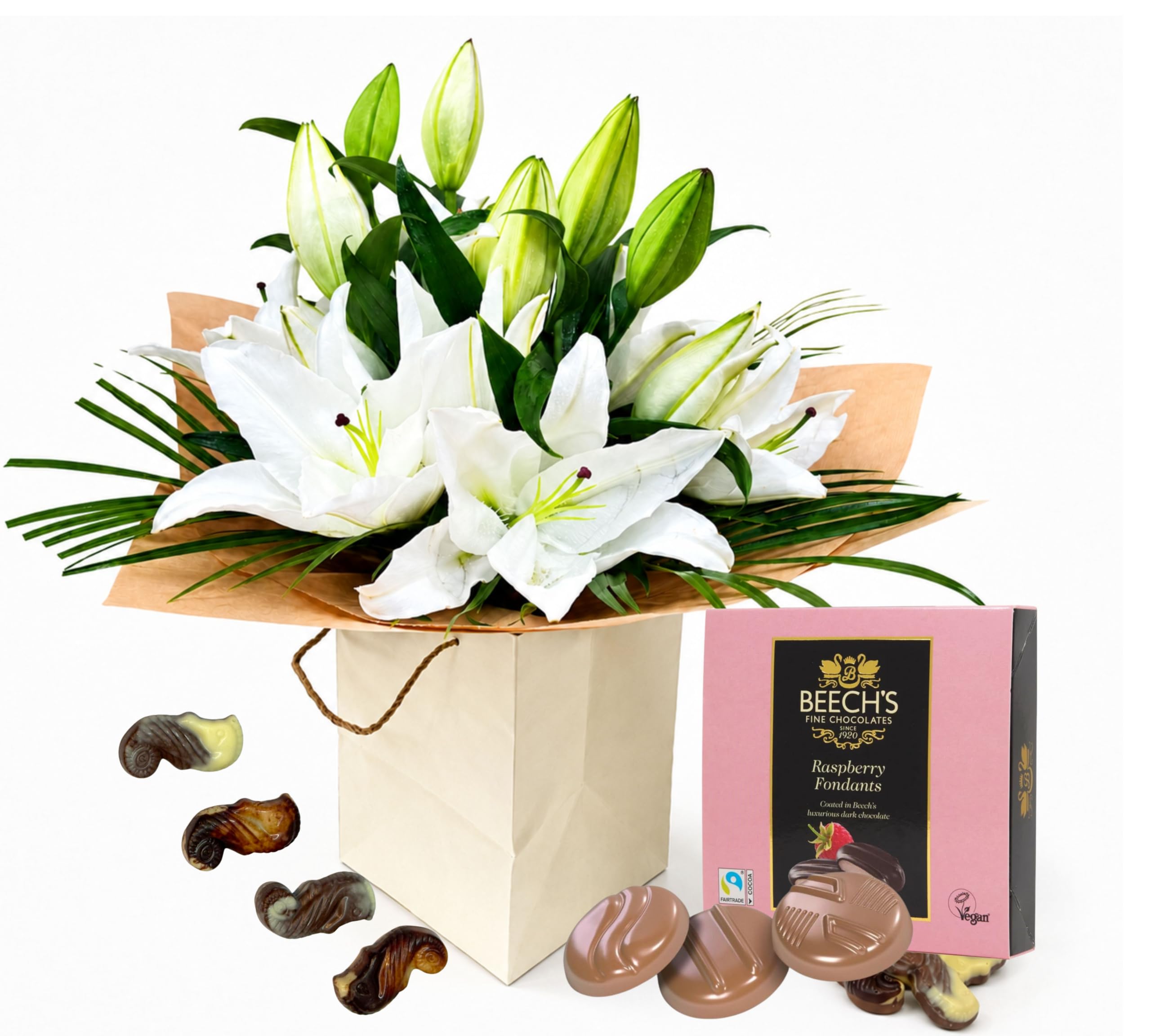 Celestial Grace White Lily Bouquet Flowers (Chocolate Gift)