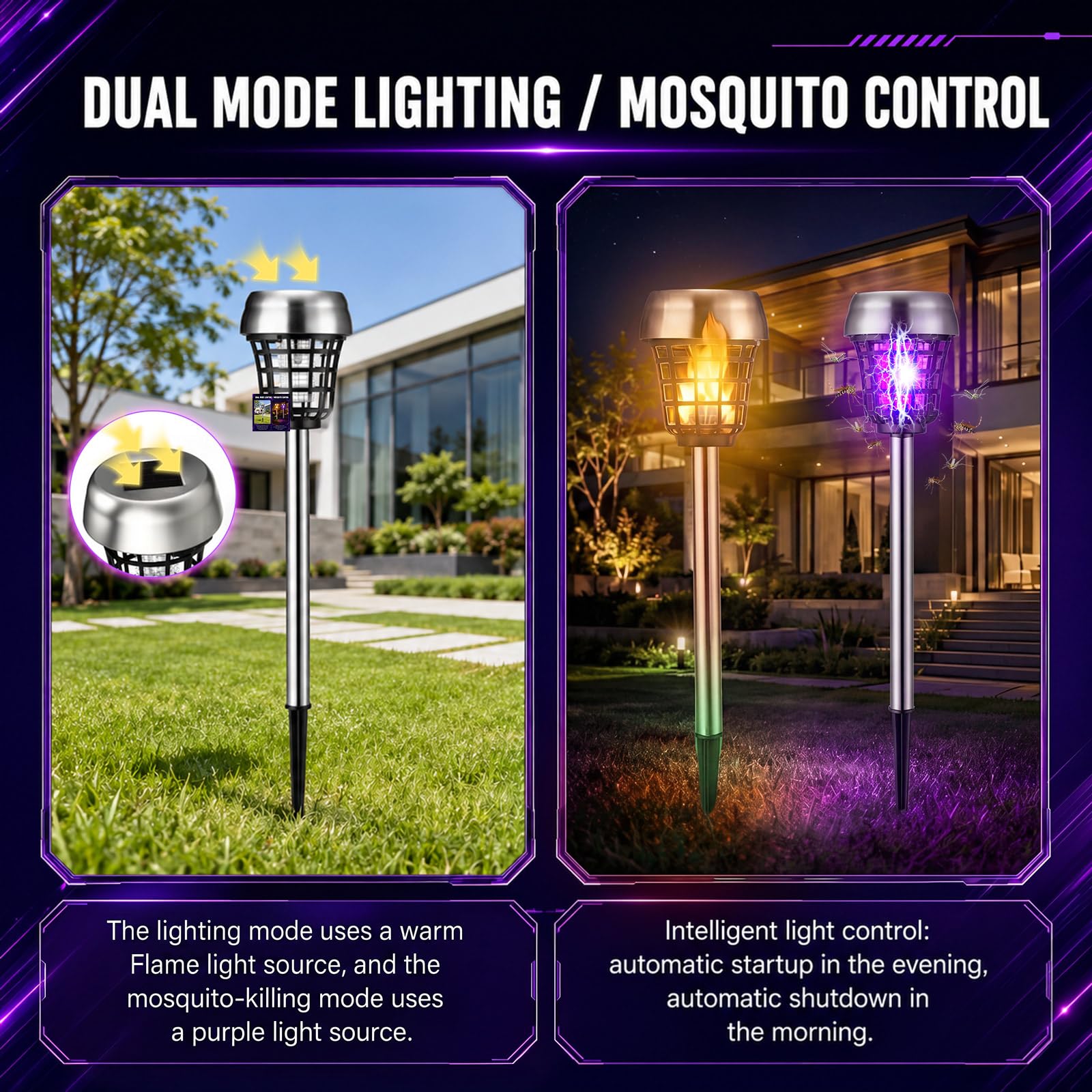 Qualirey 12 piezas de matamosquitos solar para exteriores, impermeables, matamosquitos con energía solar, lámpara repelente de mosquitos para patio, jardín, insectos (púrpura/luz de llama, acero