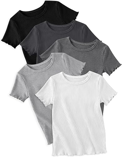 Mumucove 5 Pack Girls Ribbed Short Sleeve Shirts, 5-Color, 13-14y