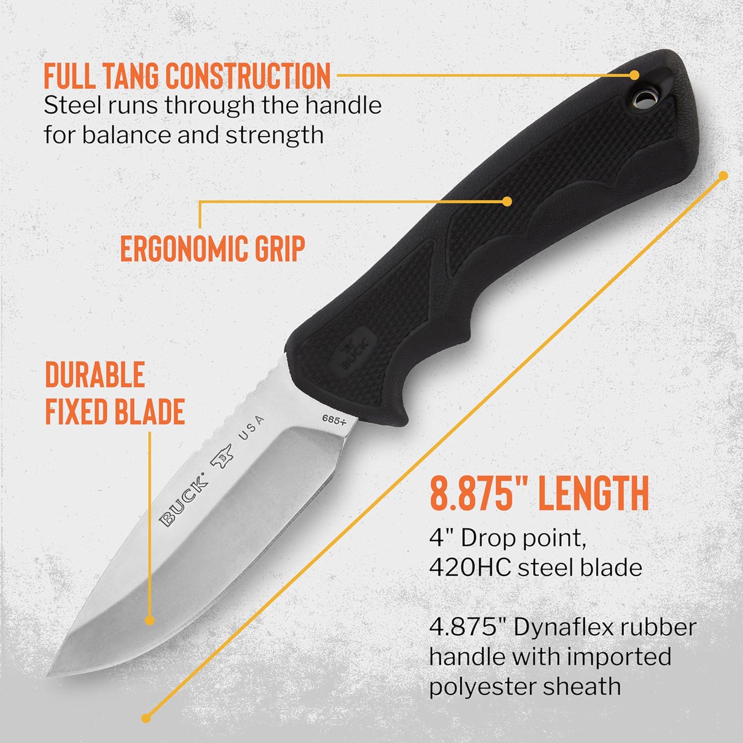 Buck Knives 685 Large BuckLite Max II Hunting Knife, 4" Fixed Blade, Dynaflex Rubber Handle, 420HC Stainless Steel Guthook Blade, Sheath Included, Knife Made in the USA, 4.7 oz