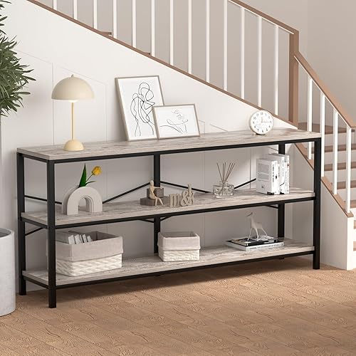 Miniatura 4 de Vida Vistoso Mesa consola industrial de 71 pulgadas detrás del sofá, mesa de sofá extra larga con estantes de almacenamiento de madera de 3 niveles,