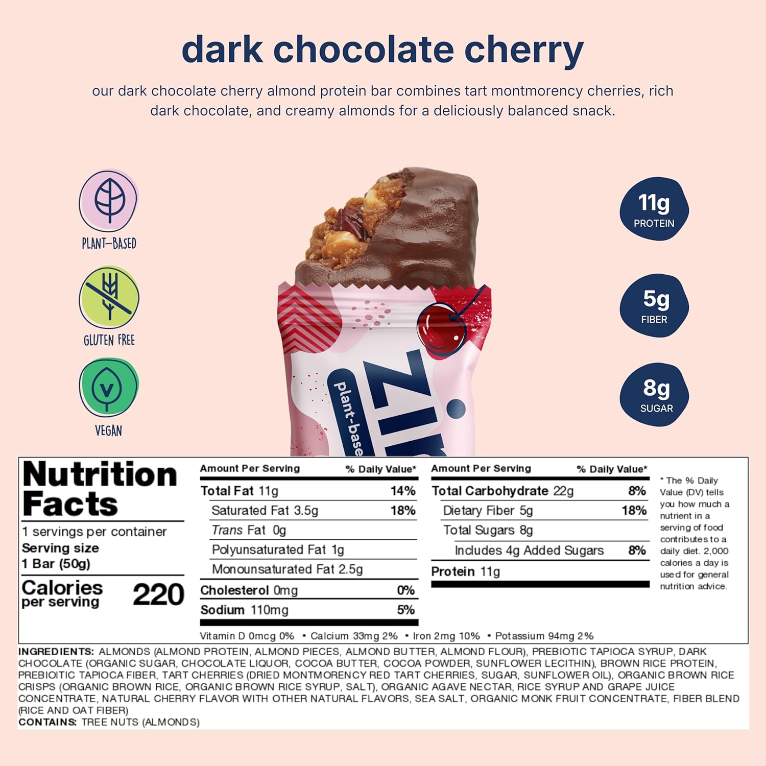 Zing Dark Chocolate Cherry Vegan Protein Bars, Gluten Free with High Protein, High Fiber, Dairy Free Nutrition Bars, Plant Based Protein, Kosher, Low Sugar, No Sugar Alcohols - 12 count