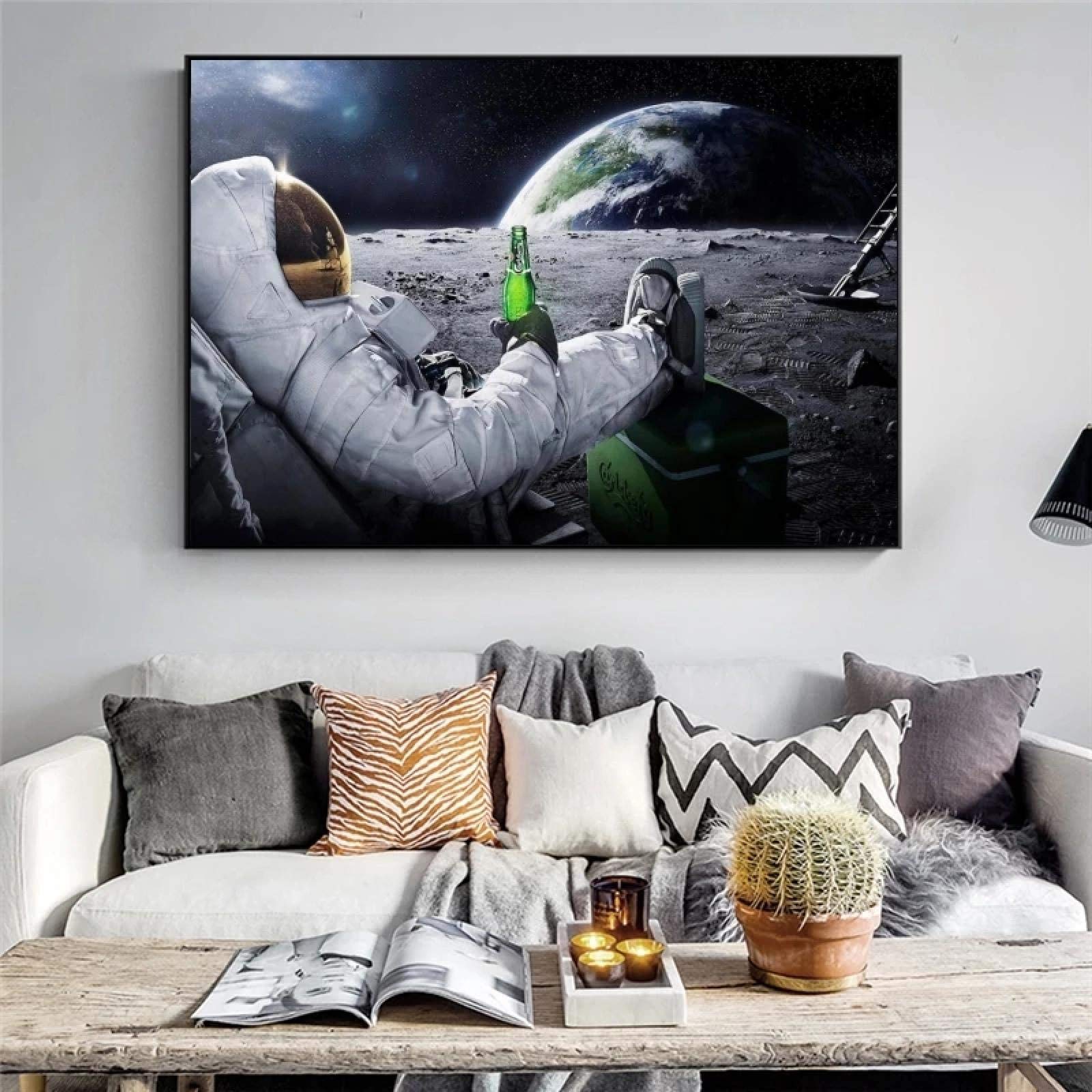 Cervezas modernas Espacio exterior Tierra Astronautas Luna Pintura sobre lienzo Carteles Impresiones Arte de la pared Imágenes para la decoración de la sala de estar 80x140cm (31x55in) con marco