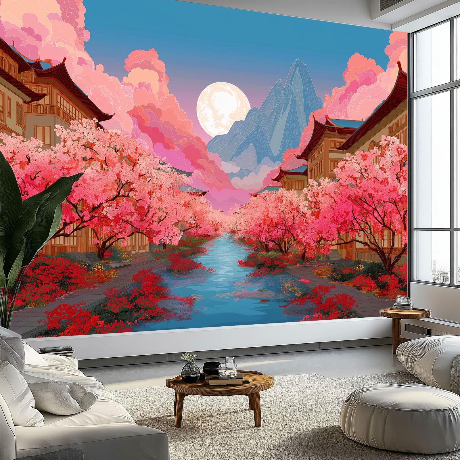 Générique Animowana tapeta panoramiczna kwiaty wiśni flaga górska 3D 250 x 175 cm, włóknina XXL nowoczesna dekoracja ścienna salon sypialnia biuro pokój dziecięcy, niebieska