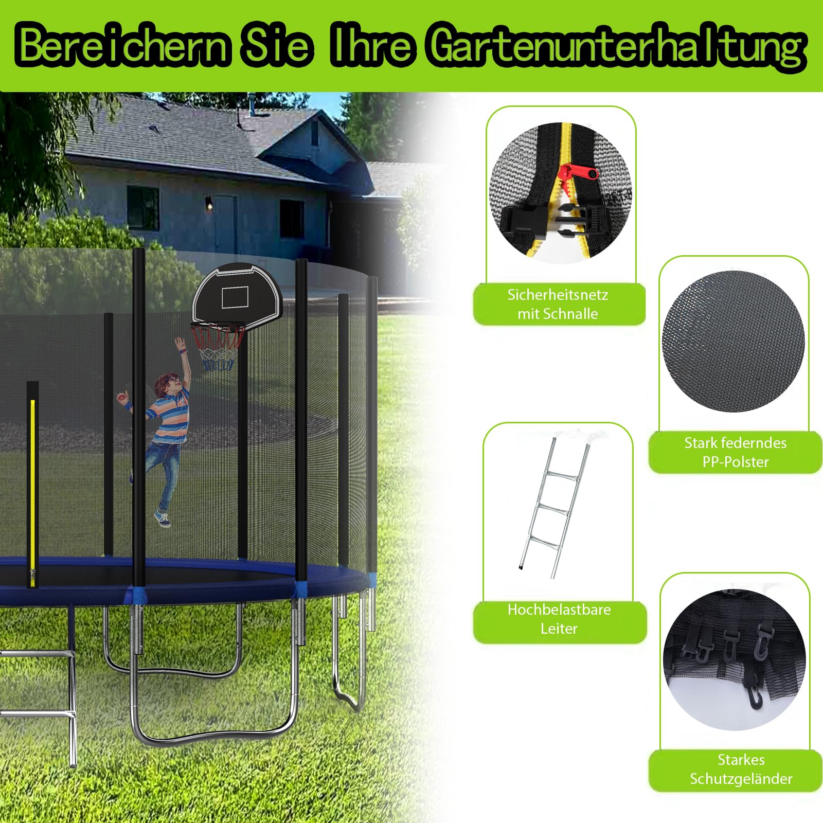 Trampolino da esterno per bambini 305 366 cm, impermeabile, design rinforzato, scala di sicurezza, capacità di carico 200-280 kg, include canestro da basket per attività ricreative in giardino