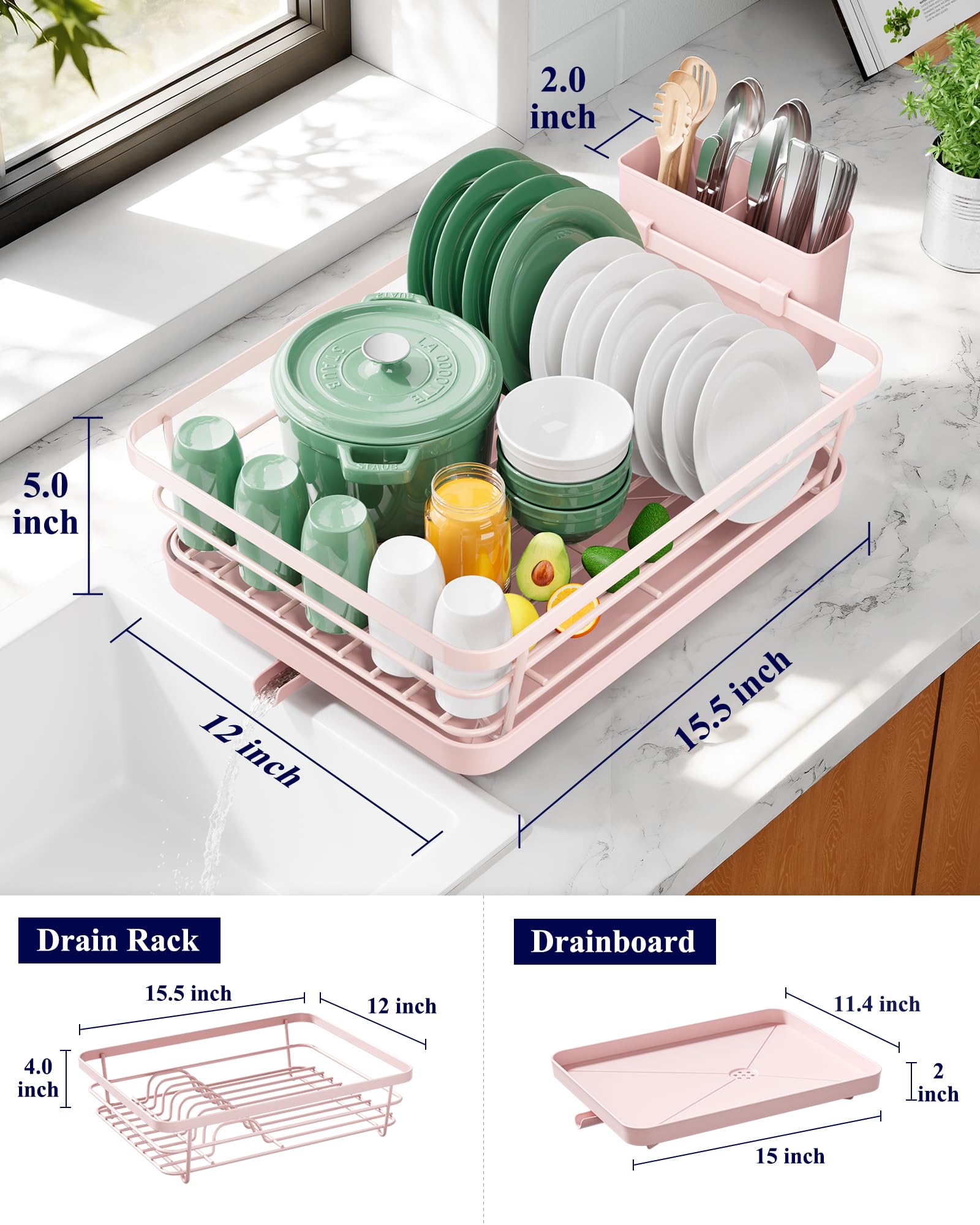 Kitsure Escurridor de platos, ahorro de espacio, estante para platos para encimera de cocina, estante de secado de cocina de acero inoxidable con un soporte para cubiertos, 12 pulgadas de ancho x 15