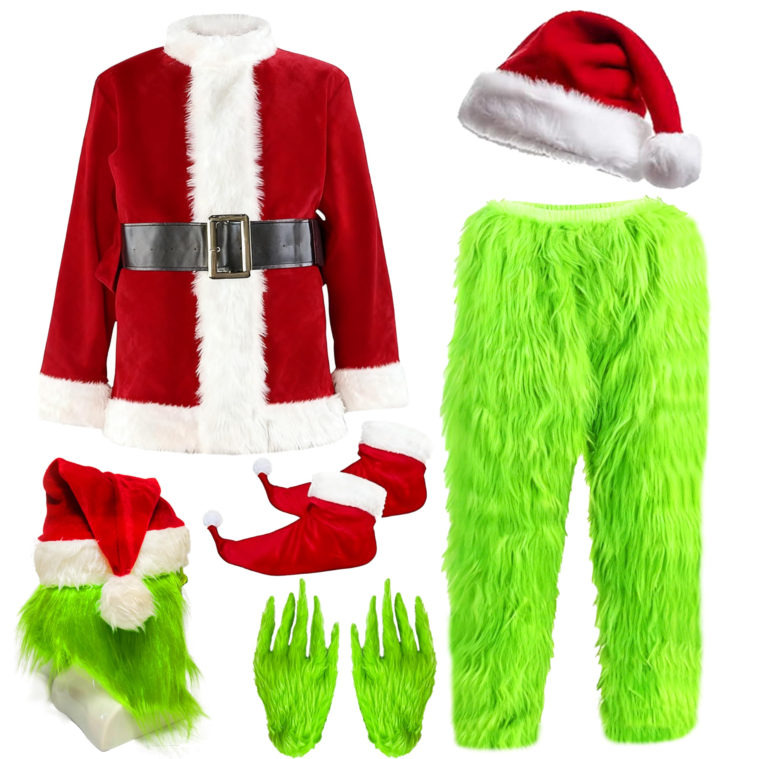 Green Monster Santa Claus Costume Set for Adults 7PCS Christmas Santa Outfit Suit Xmas Halloween Cosplay Costumes