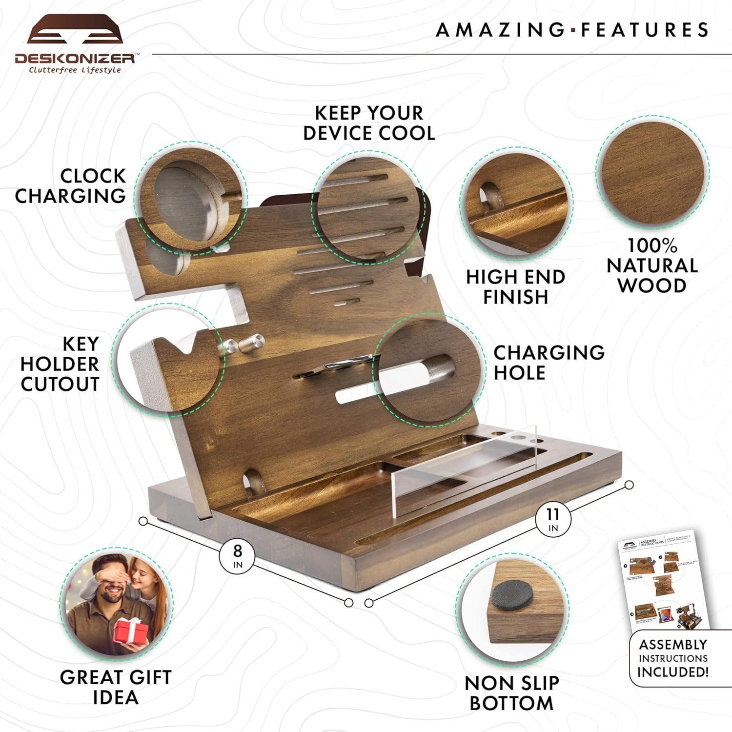 Surprise Your Loving Mother – Best Stylish Solid Wood Phone Docking Stand and Organizer – Desktop or Nightstand Storage – Great Gift Idea for Father's Day