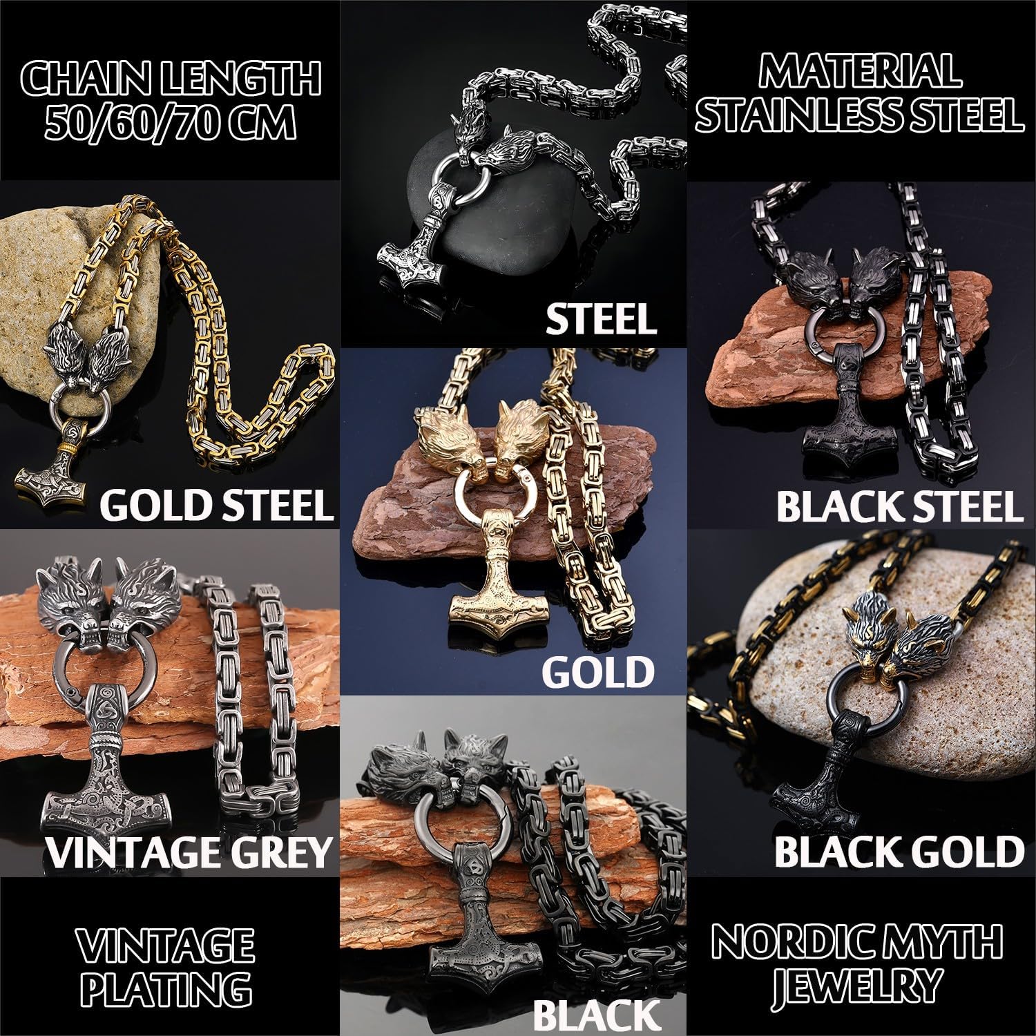 Viking Necklace King Chain with Thor Hammer Mjölnir Wolf Head Pendant 316L Stainless Steel Amulet Jewellery Gift(7 Color 3 Size)