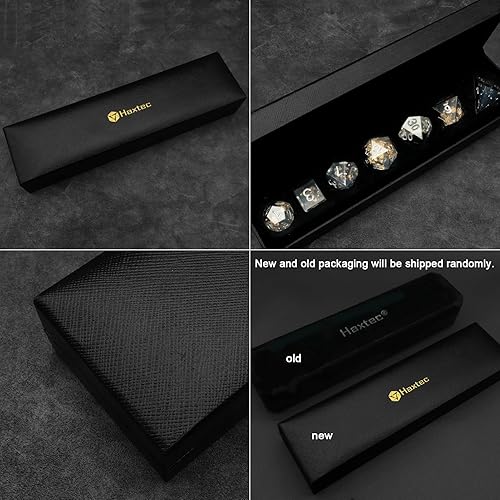 Miniatura 5 de Haxtec DND - Juego de dados negros de resina de borde afilado, copos dorados con estuche de dados, dados D&D en blanco y negro para juegos de rol,