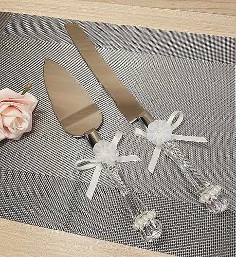 Miniatura 6 de FISHBONE Juego de cuchillos y servidores de acero inoxidable para tartas de boda con diseño elegante, juego perfecto para cortar pasteles para bodas