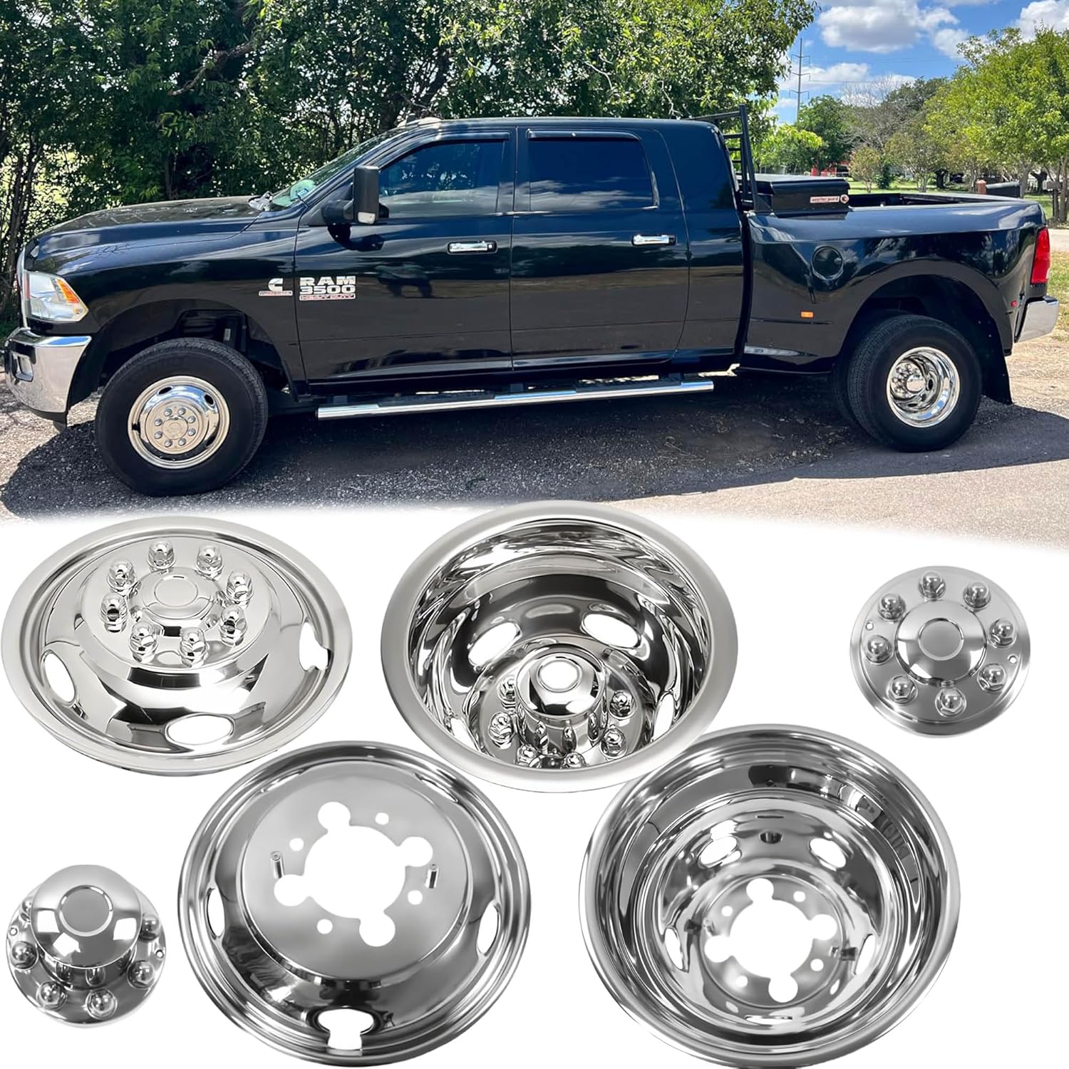 4pcs 17 Protective Polished Stainless Steel Dually Wheel Simulators, Waterproof Replacements Screw-On Wheel Cover Removable Centre Cap,8 Lug Hubcap Fit for 03-18 Dodge Ram 3500 708D