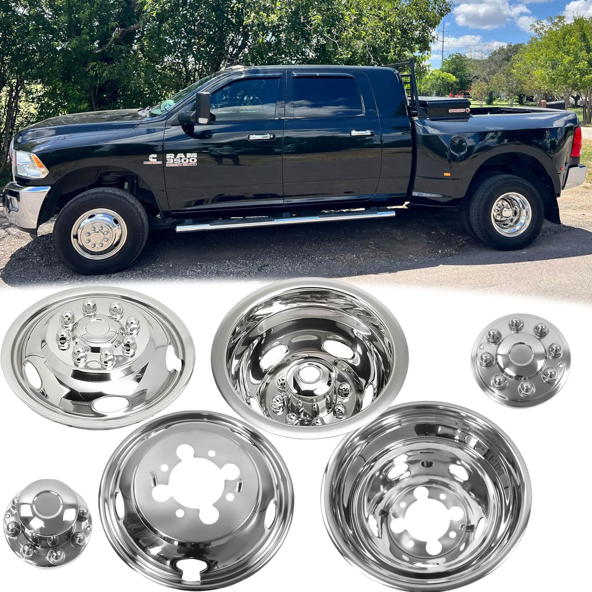 Puermto 4pcs 17inch Protective Polished Stainless Steel Dually Wheel Simulators Fit for 2003-2018 Dodge Ram 3500, 8 Lug Bolt On Wheel Cover with Removable Centre Cap Hubcaps