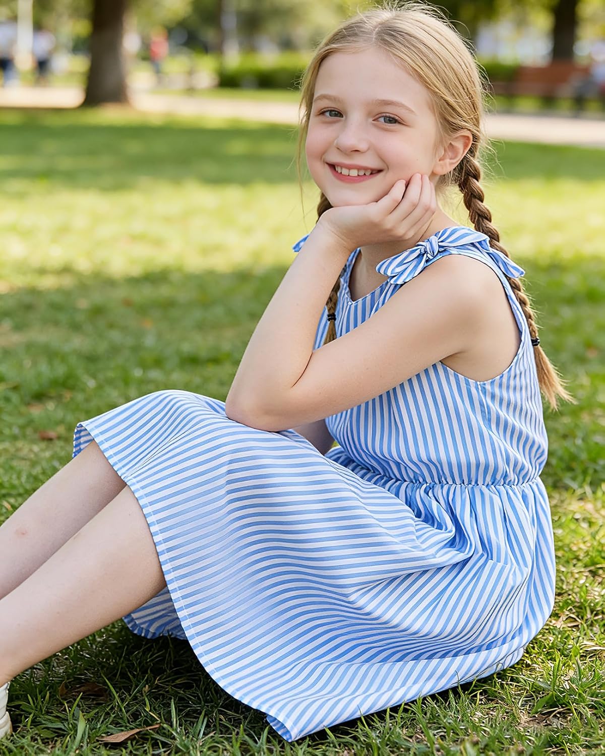 Enlifety 3-10T Girls Summer Dress Sleeveless Bowknot Strap V Neck Casual Sundress - Image 5
