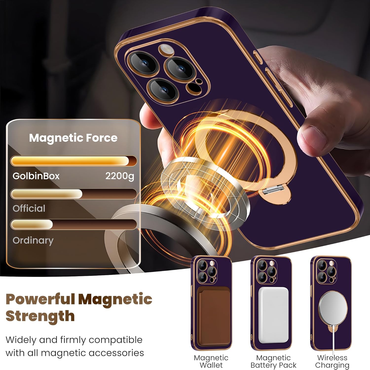 GolbinBox for iPhone 15 Pro Max Case with 360° Spin Magnetic Stand,[Compatible with Magsafe] [Military Protection][Built-in Ring Holder] Shockproof Phone Case for 15 Pro Max, Purple - Image 3