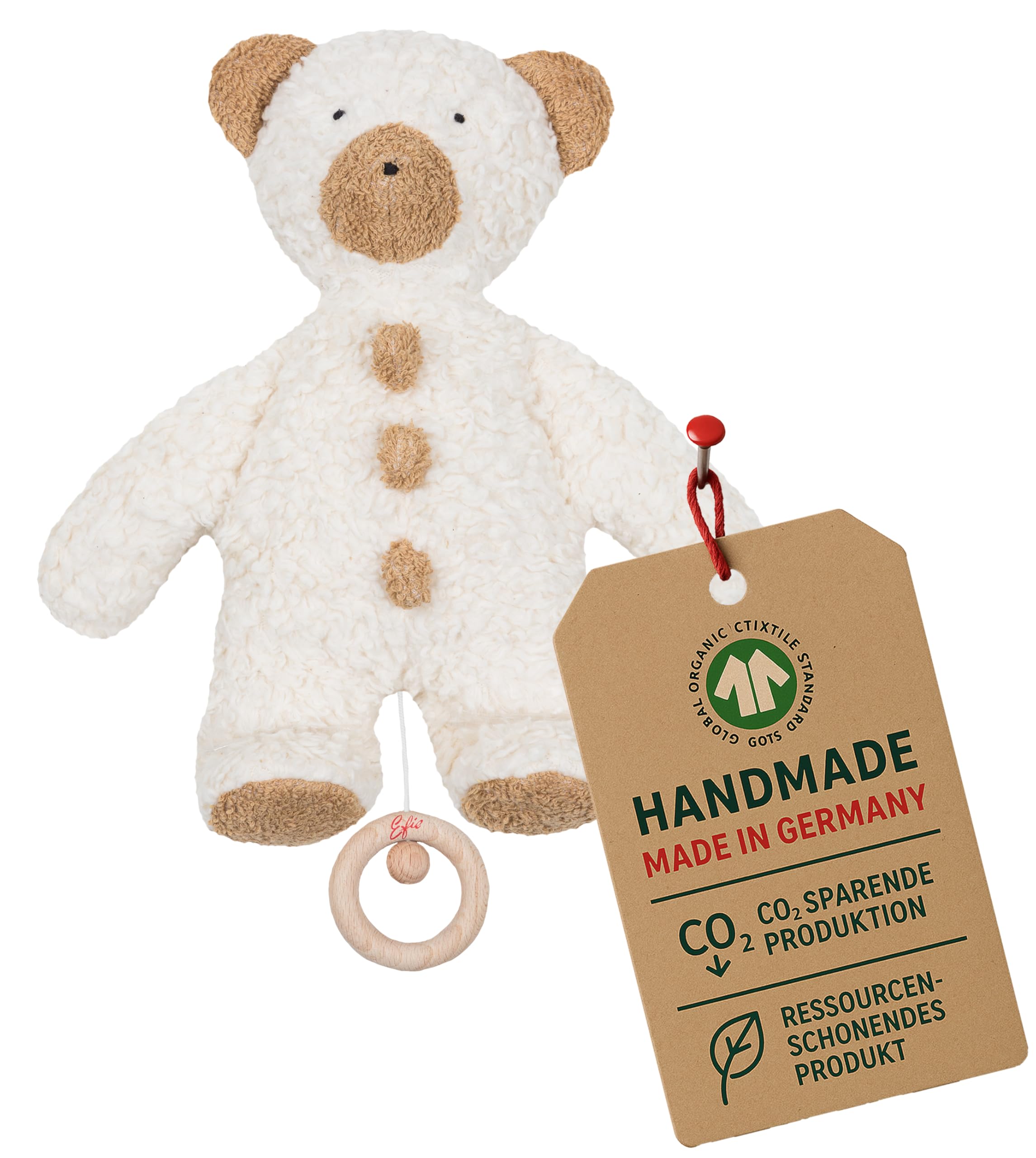 Efie Bio-Spieluhr Teddy „Knöpfchen“ – 100 % Baumwolle (KBA), Füllung aus Schurwolle (kbT), GOTS-Zertifiziert – handgefertigt in Deutschland - Melodie Brahms Wiegenlied (⁠Guten Abend, Gute Nacht)