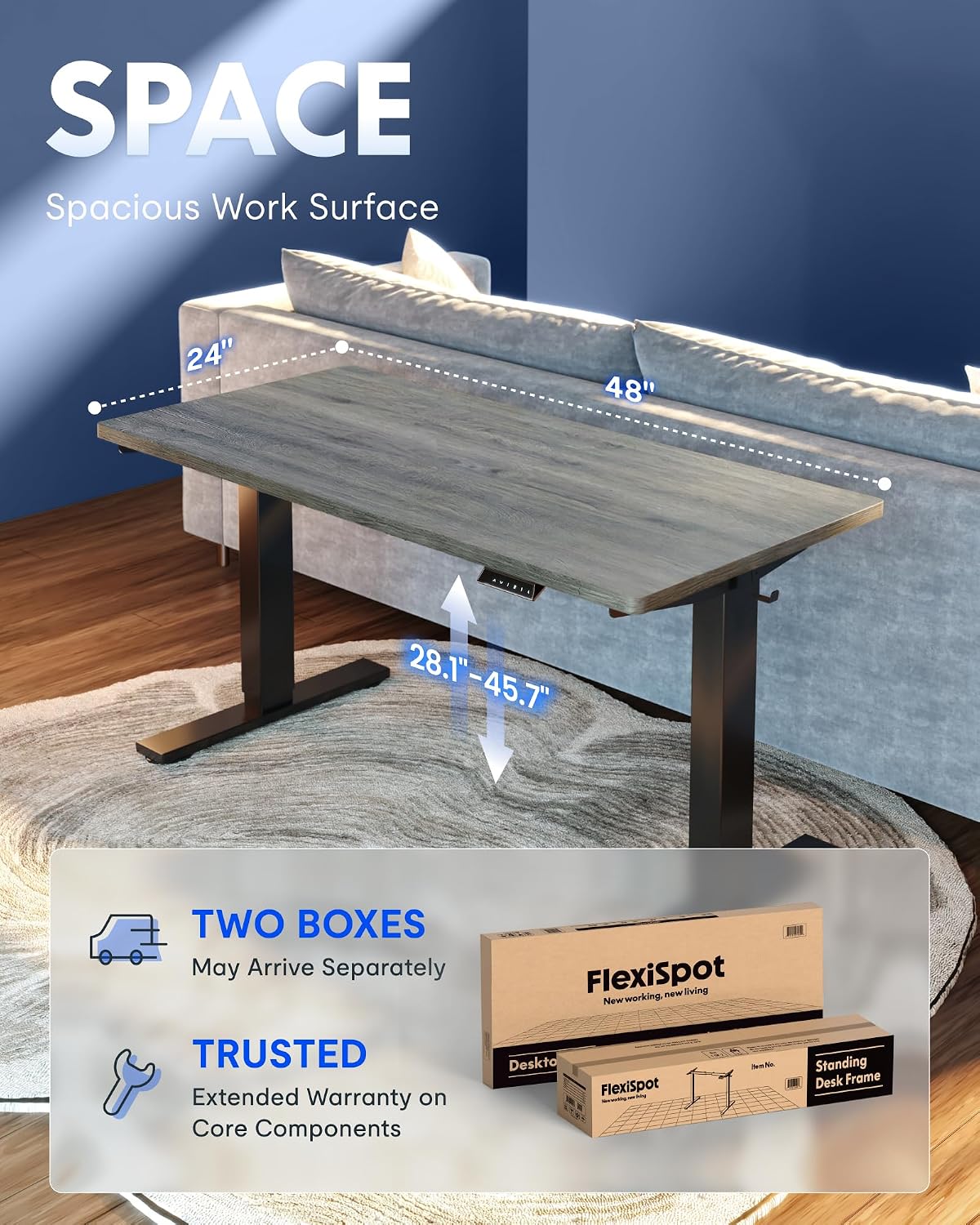 FLEXISPOT EN1 One-Piece Standing Desk, Electric Adjustable with 4 Memory Presets, 176 LBS Capacity, Stable & Quiet, Seamless Desktop for Home Office & Dual Monitors, 48"x24" Gray Wood thumbnail