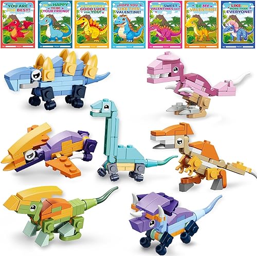 Tarjetas del día de San Valentín para niños, 28 paquetes de bloques de construcción de dinosaurios con tarjetas de San Valentín para niños, juego de
