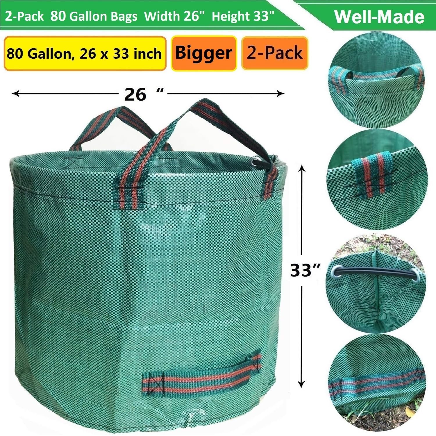 Professionelle 2er-Pack 80 Gallonen Yard Rasen Gartensäcke (D26, H33 Zoll) mit Gartenhandschuhen, Hofabfallbeutel, Laubbeutel, Rasen, Gartenabfallbeutel, Recyclingbeutel, 4 Griffe