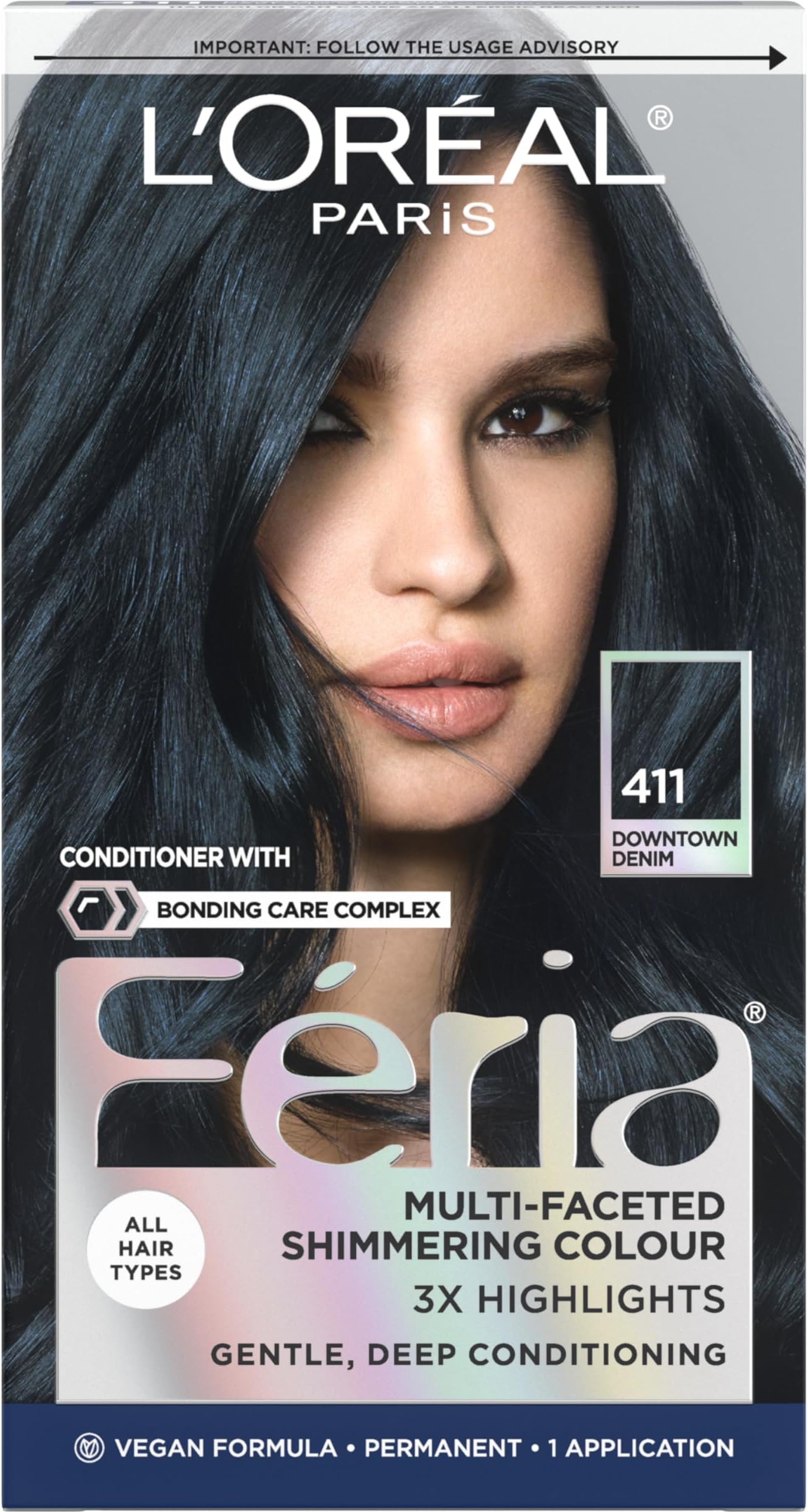 L’Oréal Paris L'Oreal Feria Multi-Faceted Shimmering Permanent Hair Color, 411 Downtown Denim, Pack of 1 Hair Dye Kit