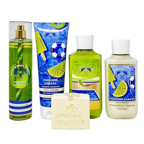 Bath & Body Works Poolside Cabana Deluxe Bundle - Fragancia en bruma - Crema corporal - Gel de ducha - Loción corporal - con un jabón en barra de