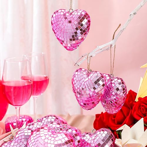 Miniatura 3 de Ziliny 24 bolas de discoteca en forma de corazón para el día de San Valentín, decoración de bola de discoteca, adornos colgantes de corazón, bolas