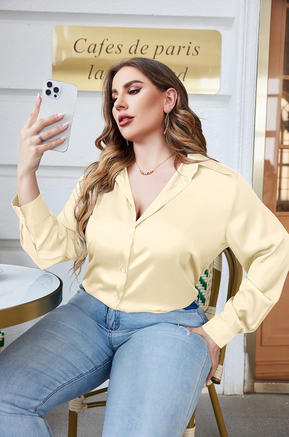 IN'VOLAND Womens Plus Size Satin Blouse Long Sleeve Button Down Shirt Tops Casual Work Formal Business Attire Shirts