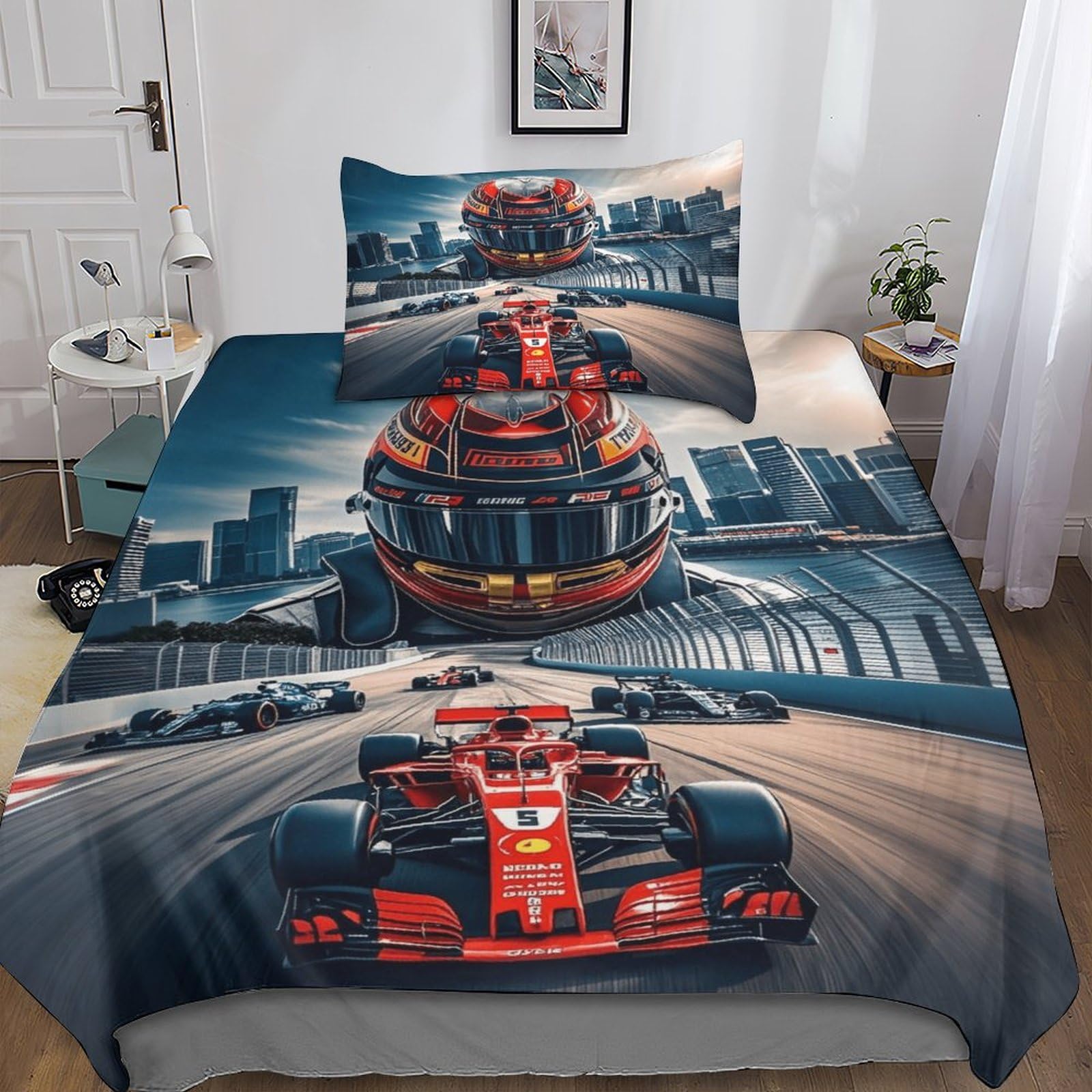 DAFUfbw Single（135x200cm） Ferrarii Racing Duvet Cover With Hidden Zipper, Formulaone Bedding Set with Pillowcases, Soft Microfiber Quilt Cover Set for Kids & Adults