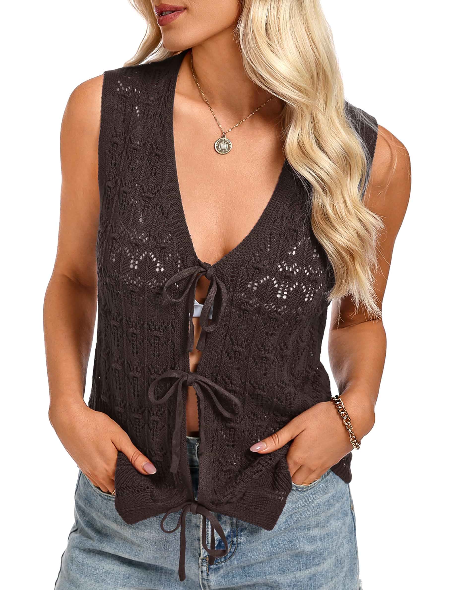 Totatuit Womens Crochet Vest Summer Vacation Casual Boho Y2K Tie Front Top Sleeveless V-Neck, Cashmere-Like Softness, Everyday Wear, Layering Separate, Dainty Feminine Aesthetic