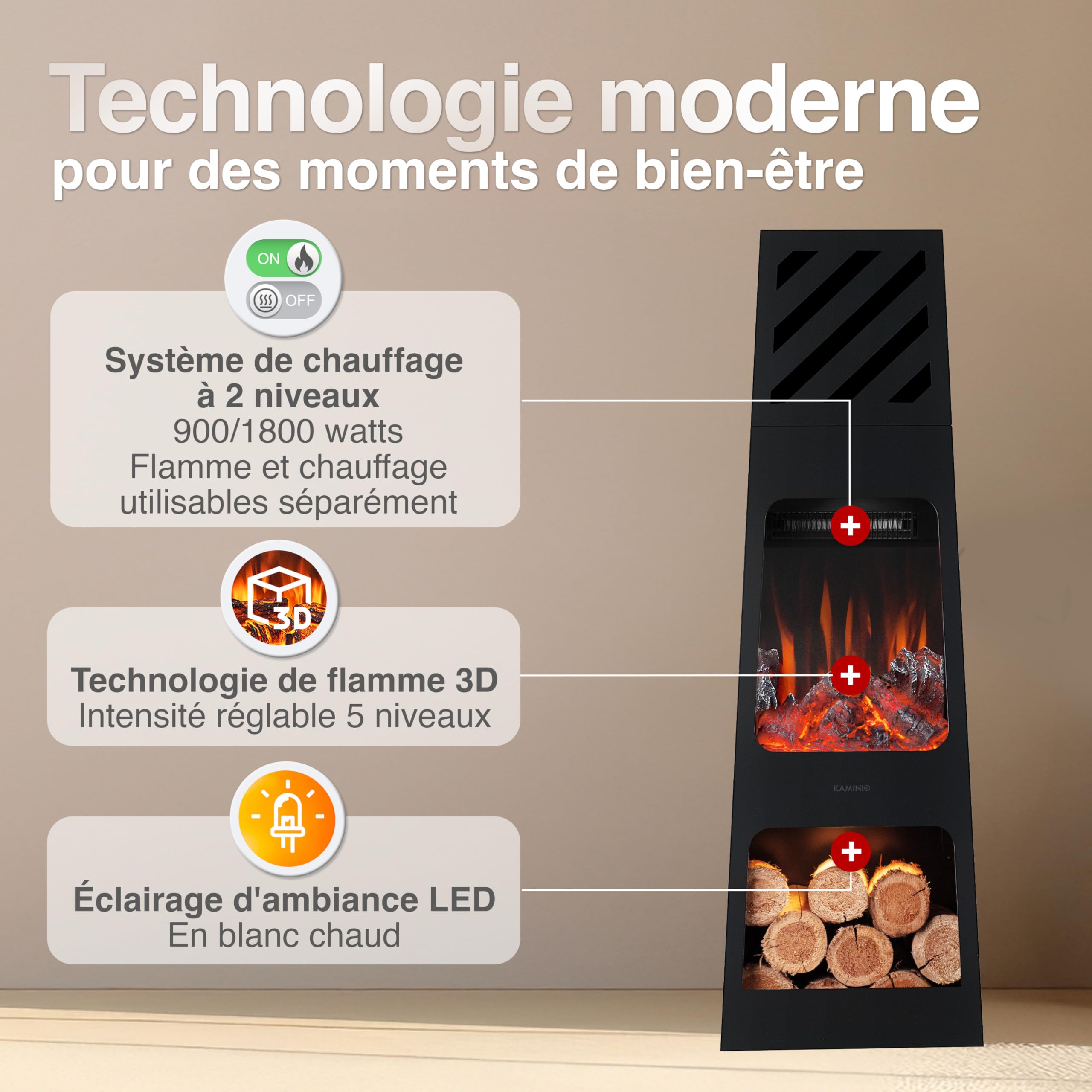 KAMINIO Cheminée électrique de Jardin Kai - Brasero électrique d'extérieur avec Chauffage, Effet de Flamme 3D, lumière d' Ambiance LED, casier à Bois, télécommande (X-Large)