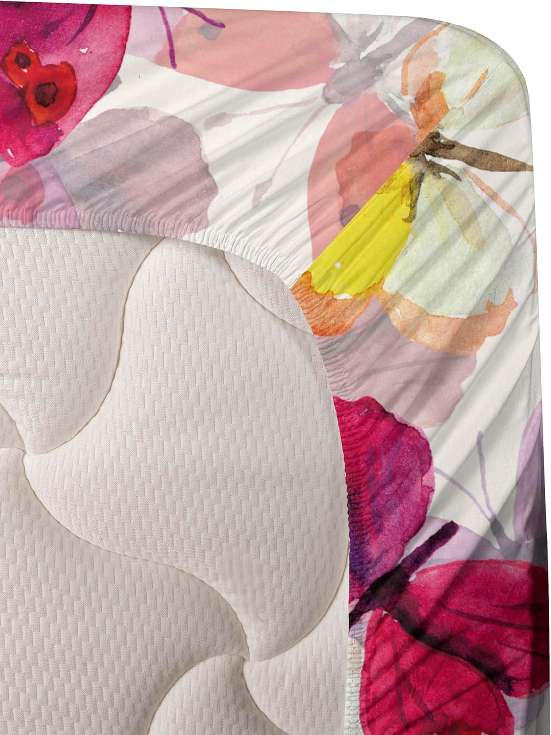 Ambesonne Butterfly Sheet Set, Chill Vibes Wings of Spring Pattern with Watercolor Style Print, Fitted and Flat Sheet with Pillowcases Bedding Accent 4 Piece Set, Queen, Magenta Mustard Off White