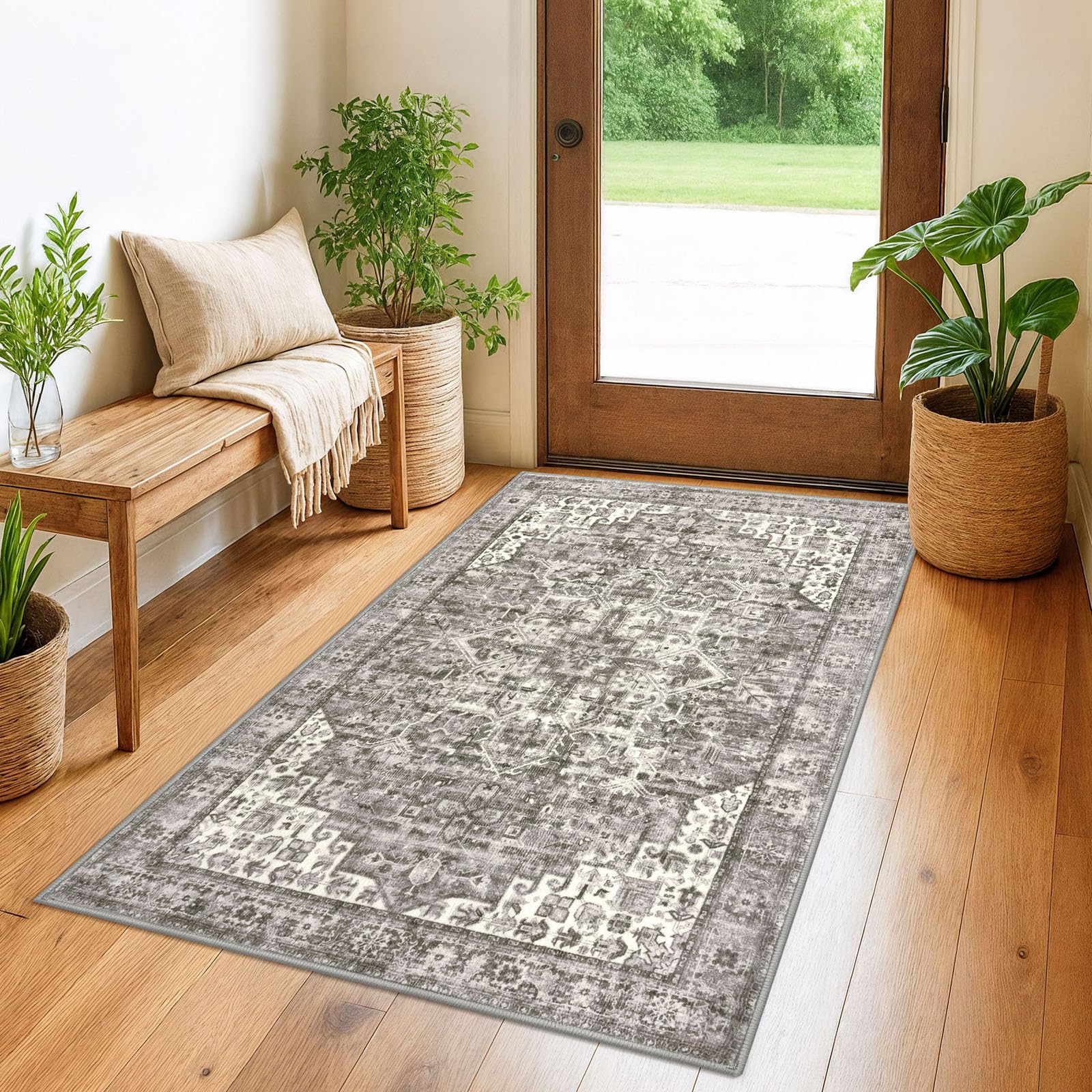 SIILOOM 3x5 Washable Area Rugs for Entryway, Taupe Soft Medallion Printed Area Rug with Non-Slip, Low-Pile Vintage Boho Carpet for Living Room Bedroom