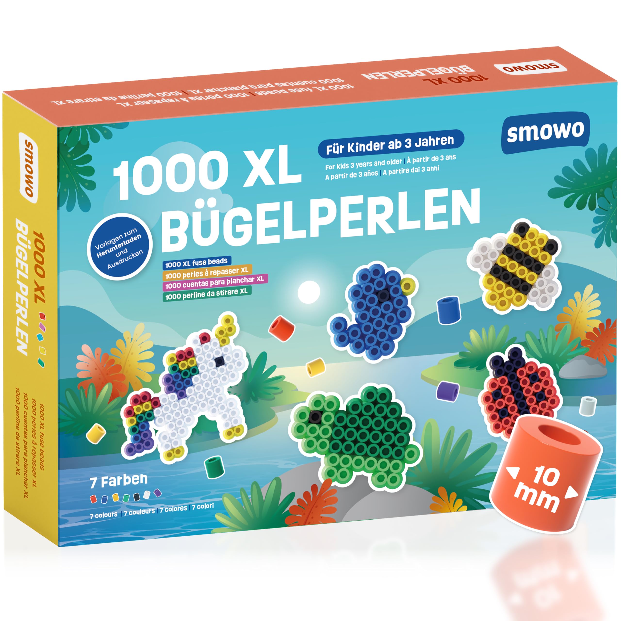 Smowo® Große 10mm Bügelperlen 1000 Stück für Kinder ab 3 Jahren - 7 Bunte Farben XL Steckperlen - Kreatives Perlenset
