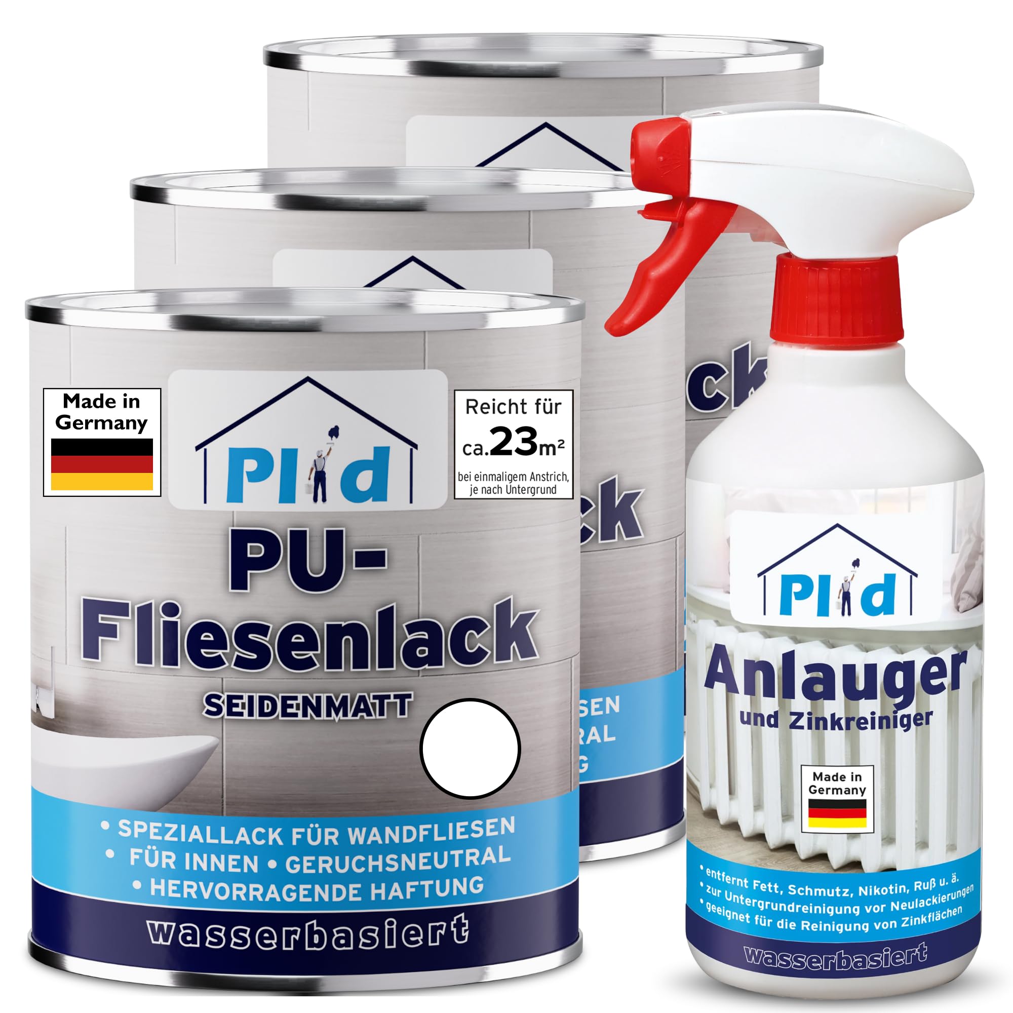 PLID® Pintura para azulejos de baño y cocina [resistente a la humedad] barniz para azulejos blanco satinado 2,25 l para baño – repintar y pintar azulejos en interiores – 3 en 1 – Juego de pintura para