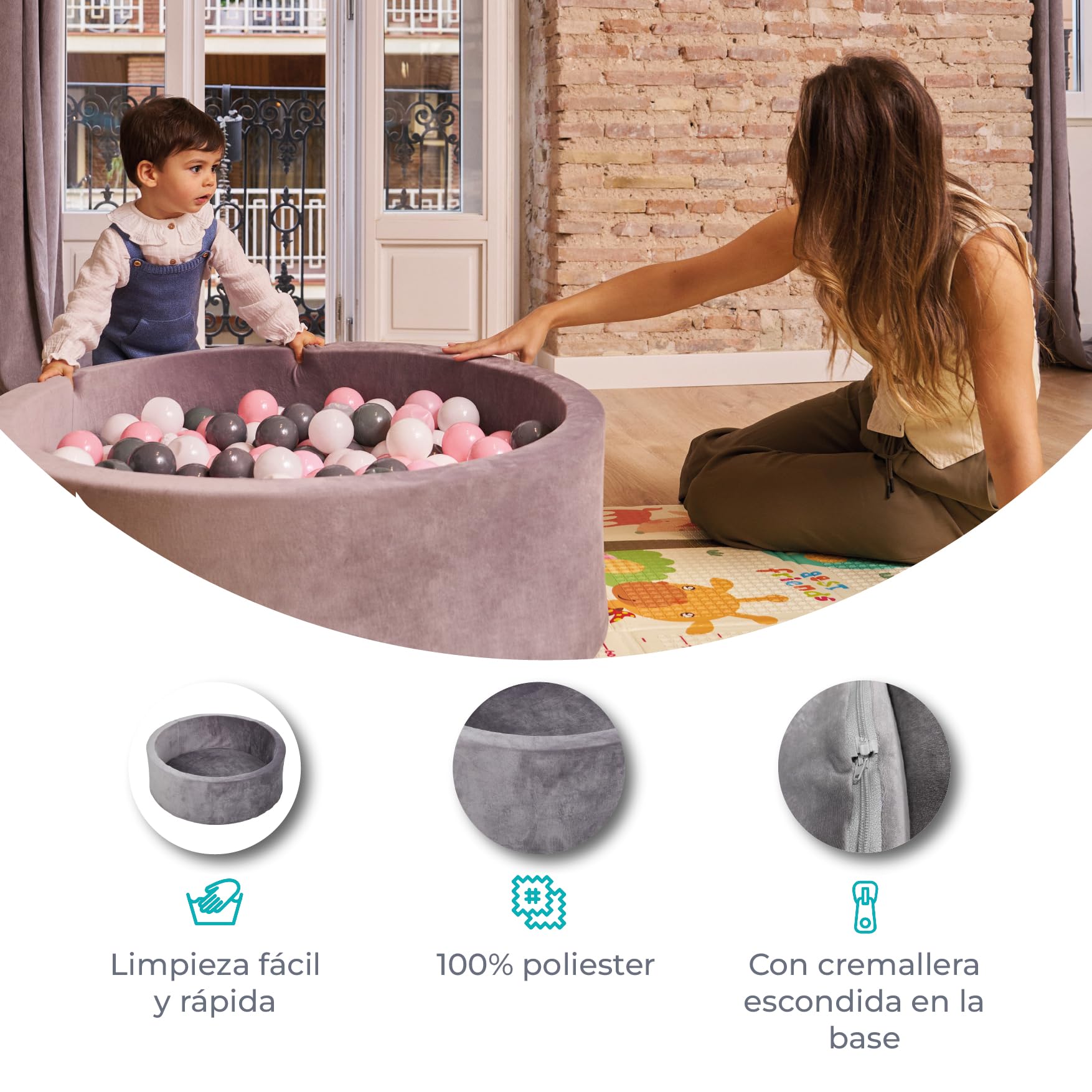 Piscine à Balles Ronde en Mousse 90 cm x H 30 cm pour Bébé dès 6 Mois 100 Balles Incluses Tissu Doux et Lavable Couleur Gris - Jeux - Jouets