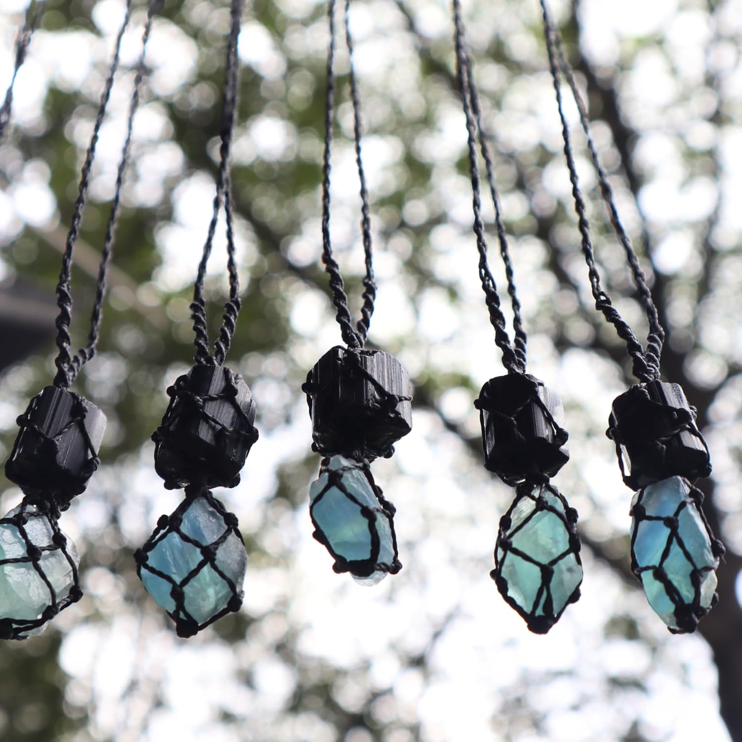 Raw Black Tourmaline and Ocean Flourite Necklace – Handmade Macramé Crystal Pendant for Spiritual & Grounding, everyday energy Gift for Men, Women - Image 3