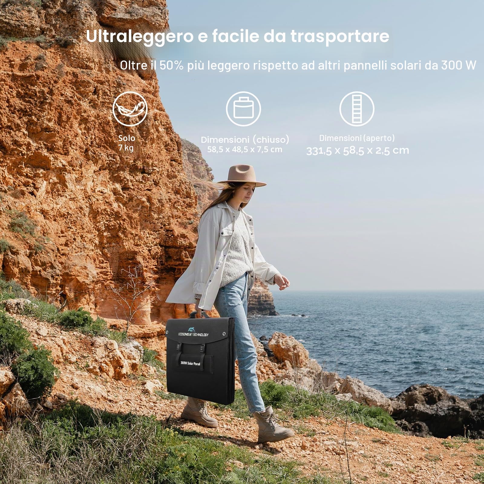 Ecosonique - Pannello Solare Pieghevole Da 300 W,Caricabatterie Solare Portatile Per La Maggior Parte Delle Centrali Elettriche, Alimentatore MC4 da 40 V e Supporto Per Campeggio Esterni