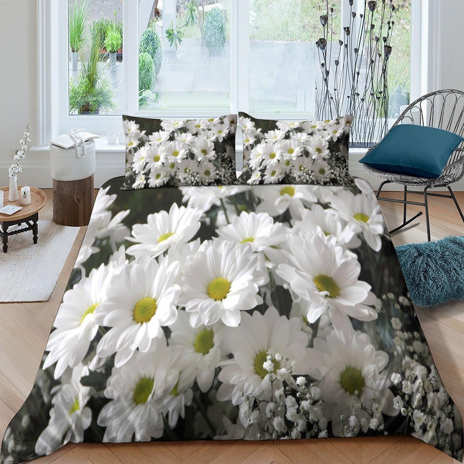 Ctjqhvkz Style-3 3D Printed Daisy Floral Fitted Sheet Microfiber Soft White Chamomile Bed Cover For Bedroom Guestroom Machine Washable Single（135X200cm）