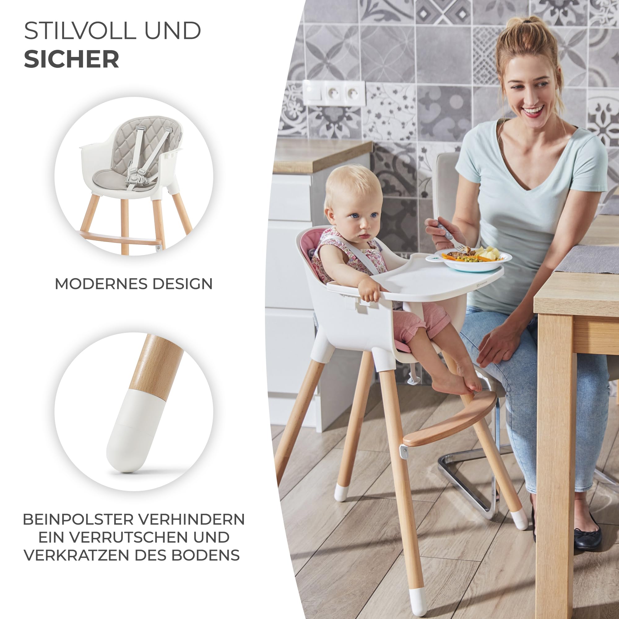 Kinderkraft Hochstuhl SIENNA 2 in 1, Kinderhochstuhl, Babystuhl, Kombihochstuhl, Beine aus Holz, 5-Punkt-Gurt, Fußstütze, abnehmbare Tablett, Rutschfeste Stuhlbeinkappen, ab 6 Monate bis 4 Jahre, Grau