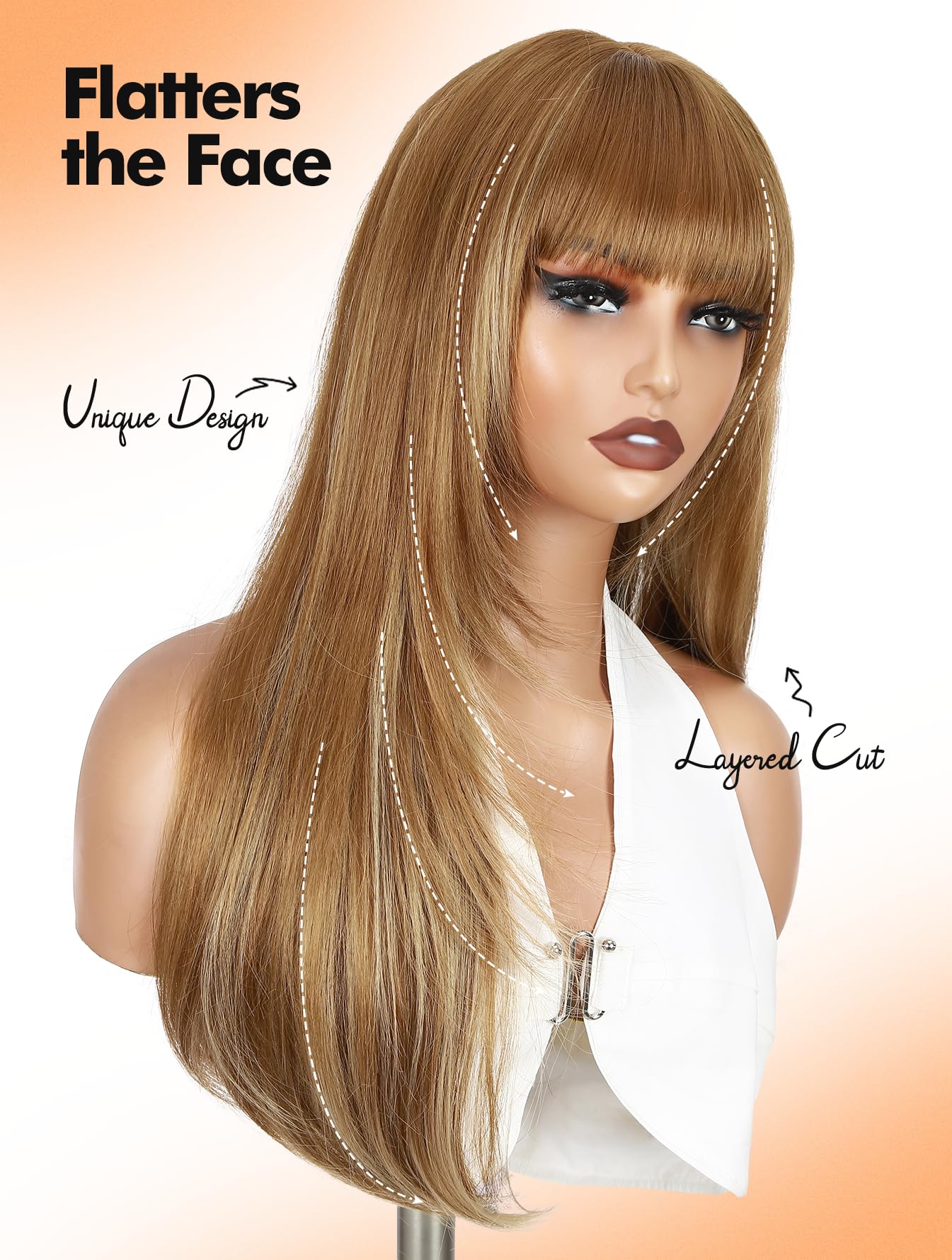 Long Straight Layered Synthetic Wig with Bangs, Heat-Resistant Fiber, Glueless